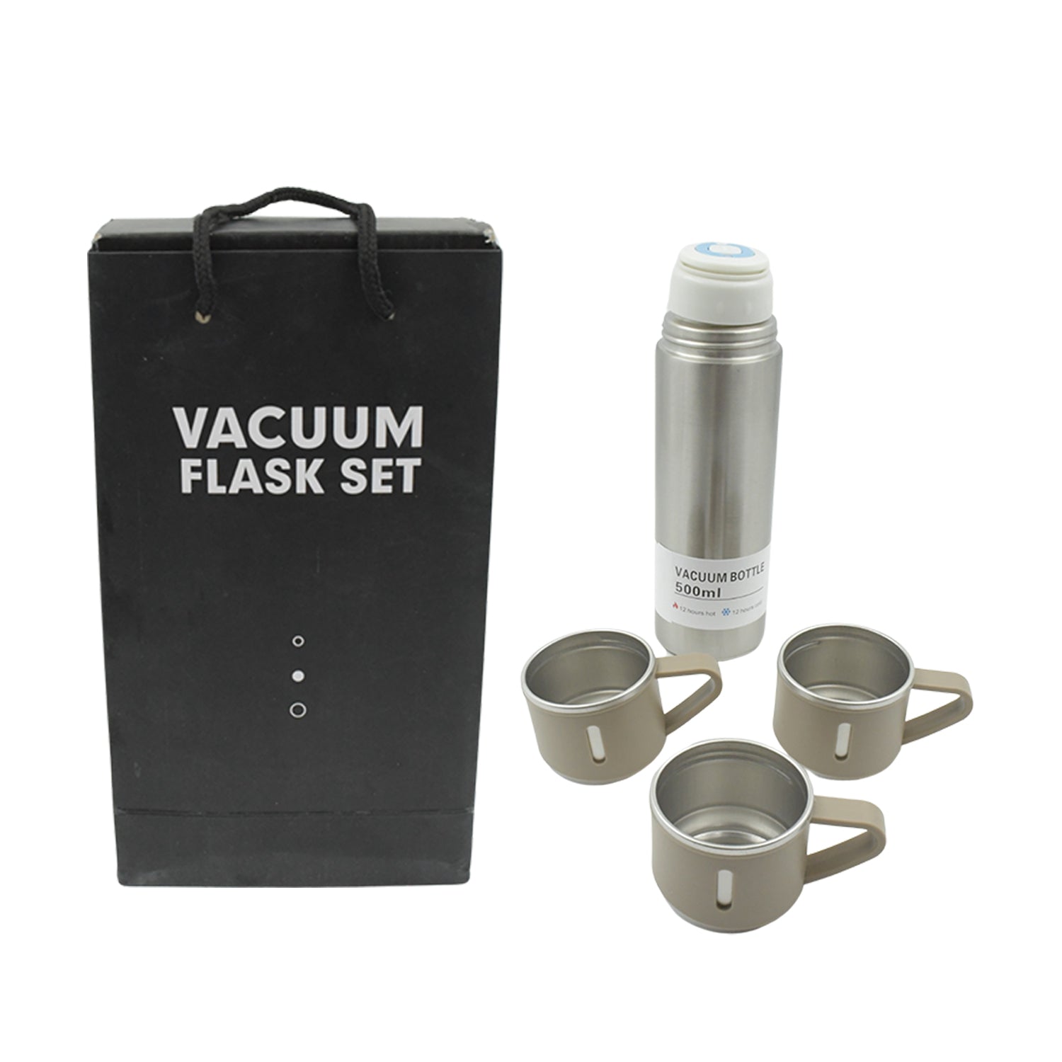 Stainless Steel Vacuum Flask Set with 3 Steel Cups Combo for Coffee Hot Drink and Cold Water Flask Ideal Gifting Travel Friendly Latest Flask Bottle. (500ml) Stainless Steel Vacuum Flask Set with 3 Steel Cups Combo for Coffee Hot Drink and Cold Water Flask Ideal Gifting Travel Friendly Latest Flask Bottle. (500ml)
